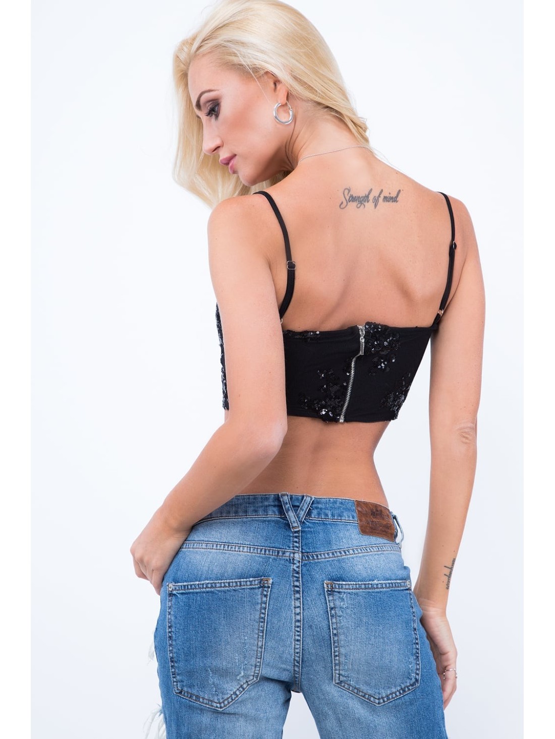 Schwarzes, paillettenbesetztes Crop-Top ZZ279 – Online-Shop – Boutique